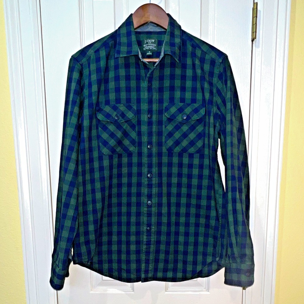 J. Crew Heavyweight Flannel Green Blue Plaid 2-Pocket Shirt Mens M 20638